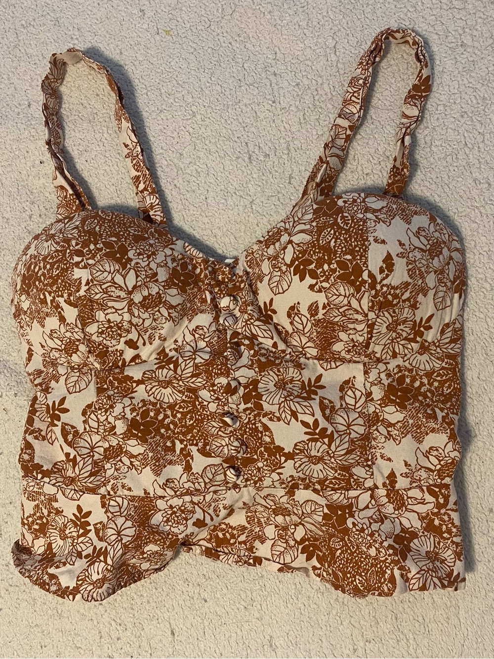 Ruched Floral Sweetheart Crop Cami in Cream and Brown